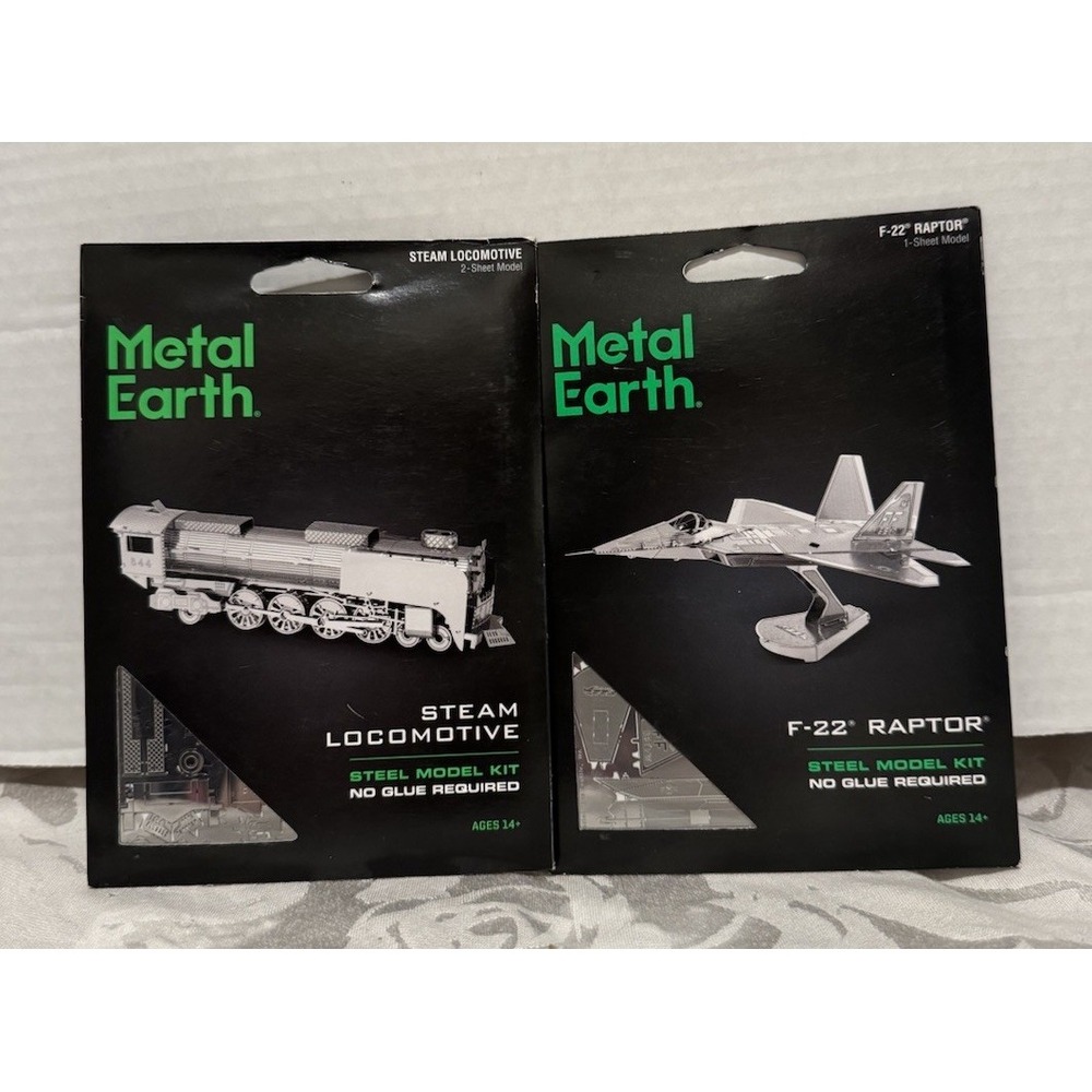 Set of (1)Metal Earth F-22 Raptor & (1)Steam Locomotive Steel Model DIY Kits